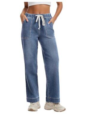 Women's High Waisted Straight Leg Pull-On Jeans Stretch Elastic Waist Denim